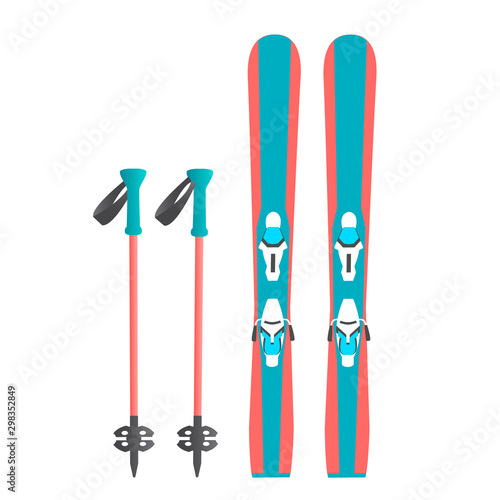 A pair of alpine skis and sticks for winter sport. Vector flat isolated illustration.