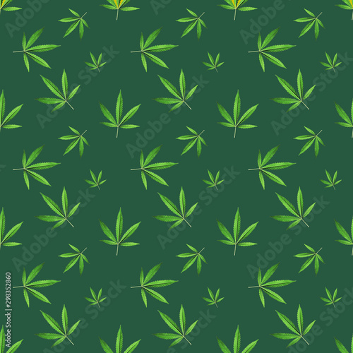 Fototapeta Naklejka Na Ścianę i Meble -  Seamless background with a green hemp branch with five fingers of leaves, marijuana on a dark green background, medical legalization of cannabis. Modern style isometric concept.