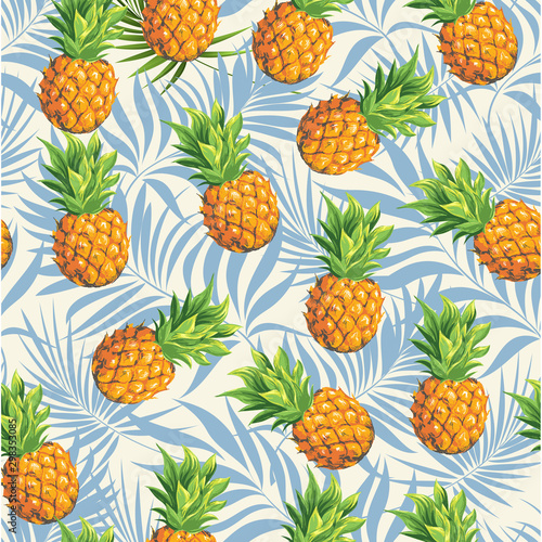 Pineapples are ripe, tropical with palm branches on a black background. Seamless vector pattern.