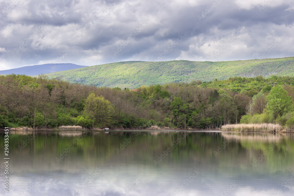 Beautiful, sunlit, vivid green trees in a forest during early spring around Sukovo lake reflecting the trees and cloudy sky in a calm water Beautiful, sunlit, vivid green trees in a forest during early spring around Sukovo lake reflecting the trees and cloudy sky in a calm water