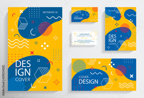Memphis style brochures with geometric shapes and patterns. A collection of templates in the fashionable style of the 80-90s. Ideal for advertising, invitations, presentations or holidays. EPS10 vecto