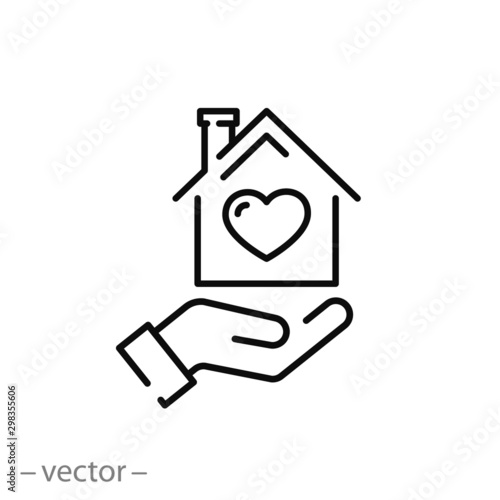 heart house icon, lovely home, hand holding house with heart, thin line web symbol on white background - editable stroke vector illustration eps10