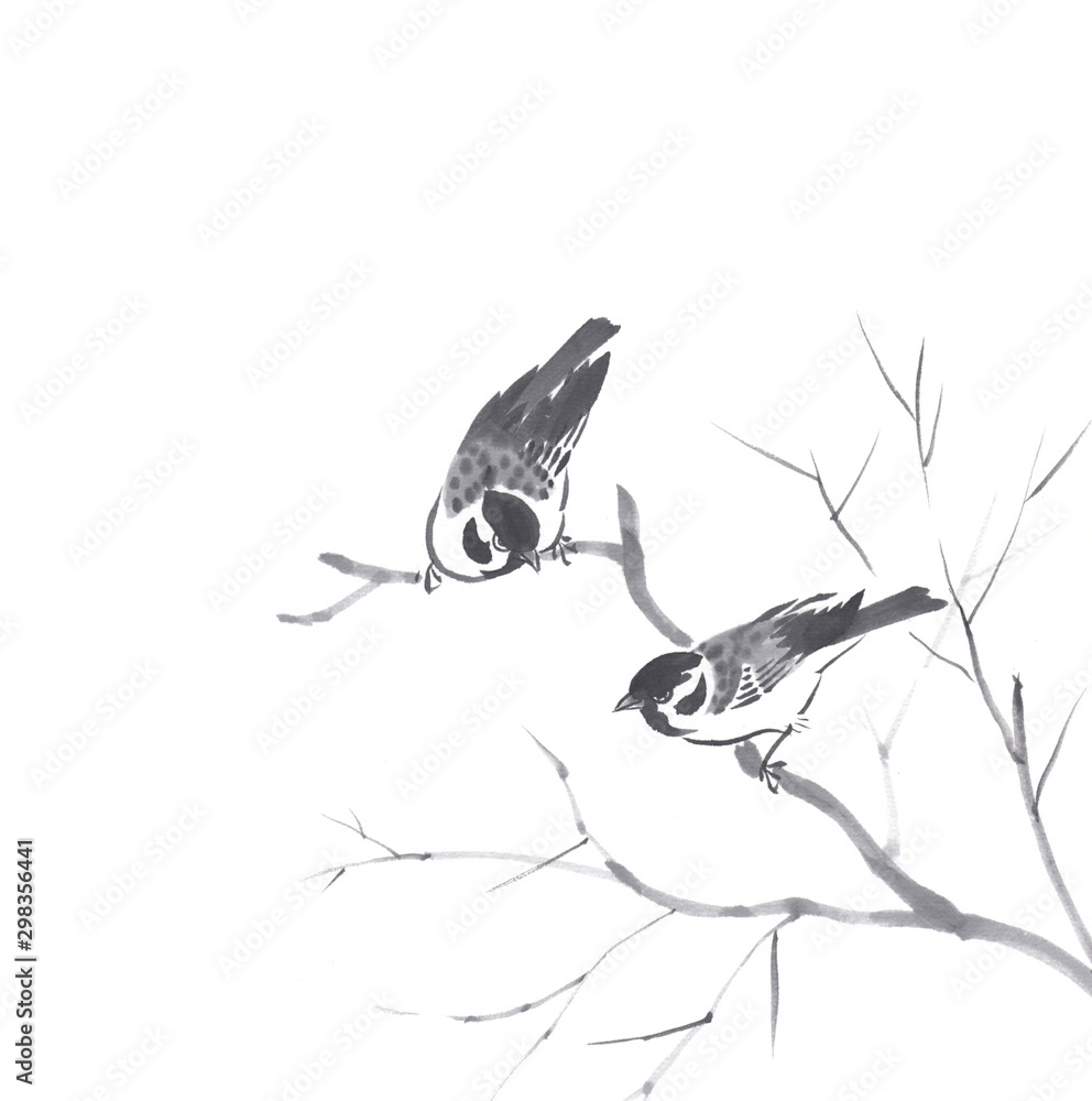 墨絵日本の風景スズメの兄弟休憩 Stock イラスト Adobe Stock 墨絵日本の風景スズメの兄弟休憩 Stock イラスト Adobe Stock