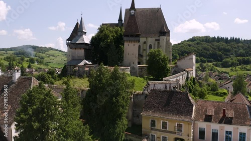 4K Drone Aerial Unesco World Heritage Biertan Romania Establishing Shot Wide