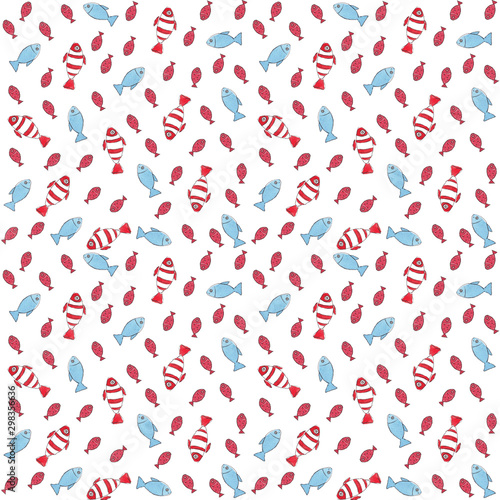 Pattern of watercolor blue and red fish on a white background