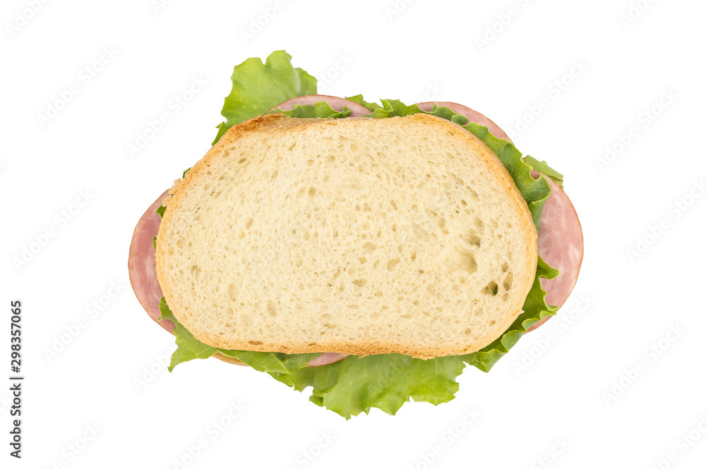 Sandwich with sausage and green lettuce on white. Top view. Sandwich with sausage and green lettuce on white. Top view.