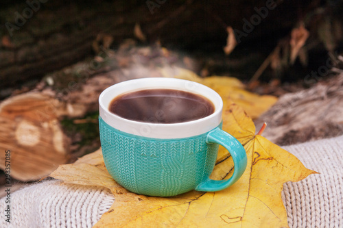 A cup of hot coffee on a maple leaf and knitted blanket. Autumn walk concept photo