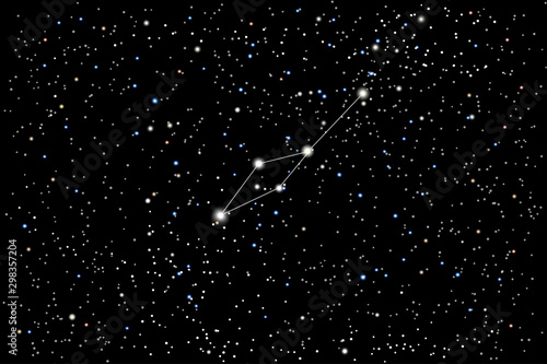Vector illustration of the constellation Leo Minor (lesser Lion) on a starry black sky background. The astronomical cluster of stars in the constellation in the northern celestial hemisphere. 