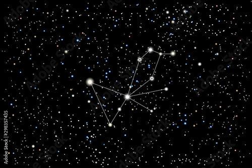 Vector illustration of the constellation Pavo (Peacock) on a starry black sky background. The astronomical cluster of stars in the Southern Celestial Hemisphere  photo