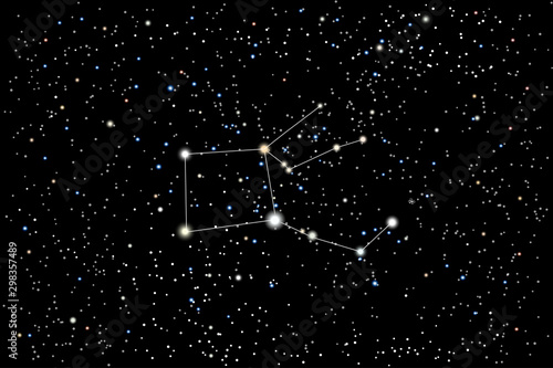 Vector illustration of the constellation Pegasus (Winged Horse) on a starry black sky background. The astronomical cluster of stars in the constellation in the northern celestial hemisphere. 