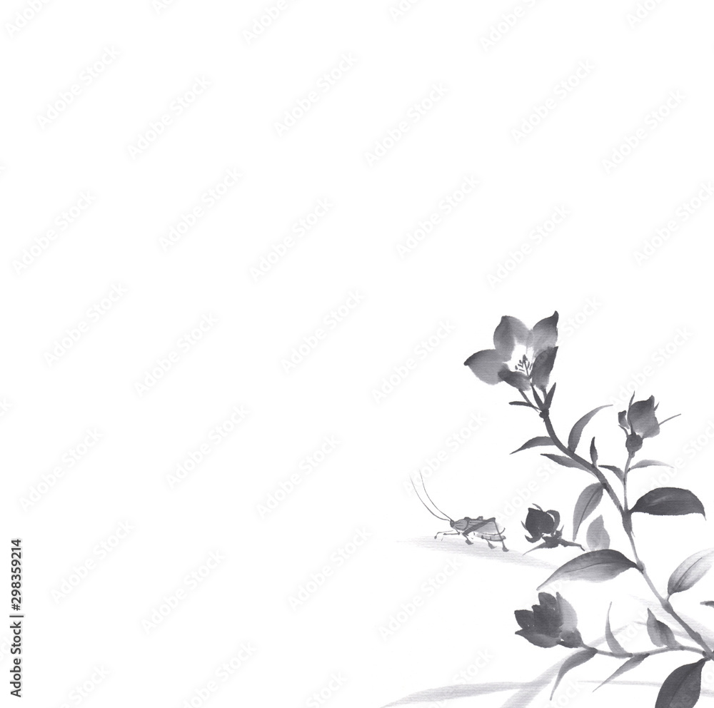 墨絵日本の風景花と鈴虫 Stock Illustration Adobe Stock