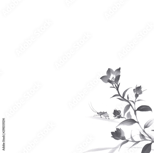 墨絵日本の風景花と鈴虫 Stock イラスト Adobe Stock