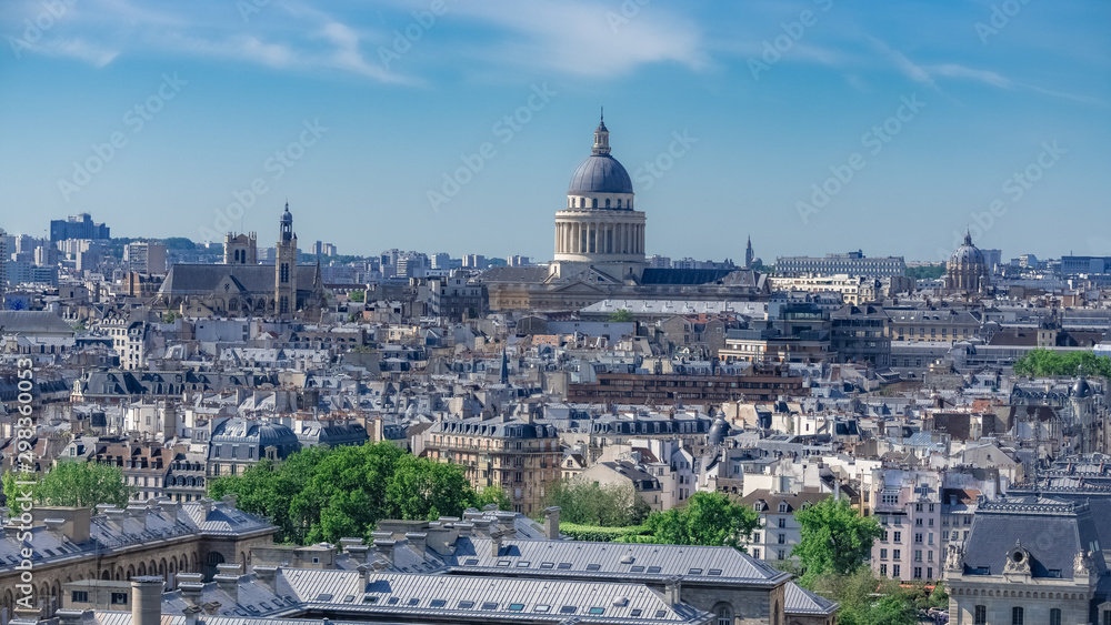 Paris, panorama of the city, with the Pantheon, and typical roofs
