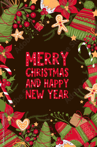 Christmas greetind card  Merry Christmas and happy New year. Vector illustration EPS 10