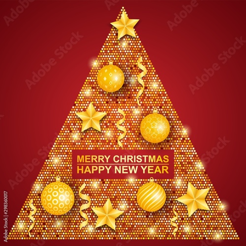Merry Christmas and happy New year. Festive Golden Christmas tree with decorations.