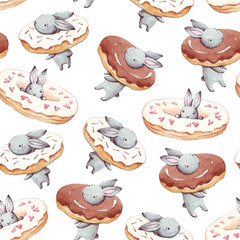 Wandcirkels Konijn patronen Vintage konijntjes met donuts patroon  © BloomPix