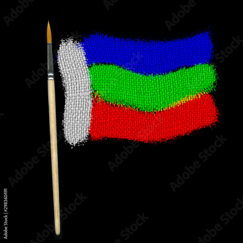 Four primary colors - red, green, blue and white are gathered together in the form of a flag on black background. The brush serves as a shaft