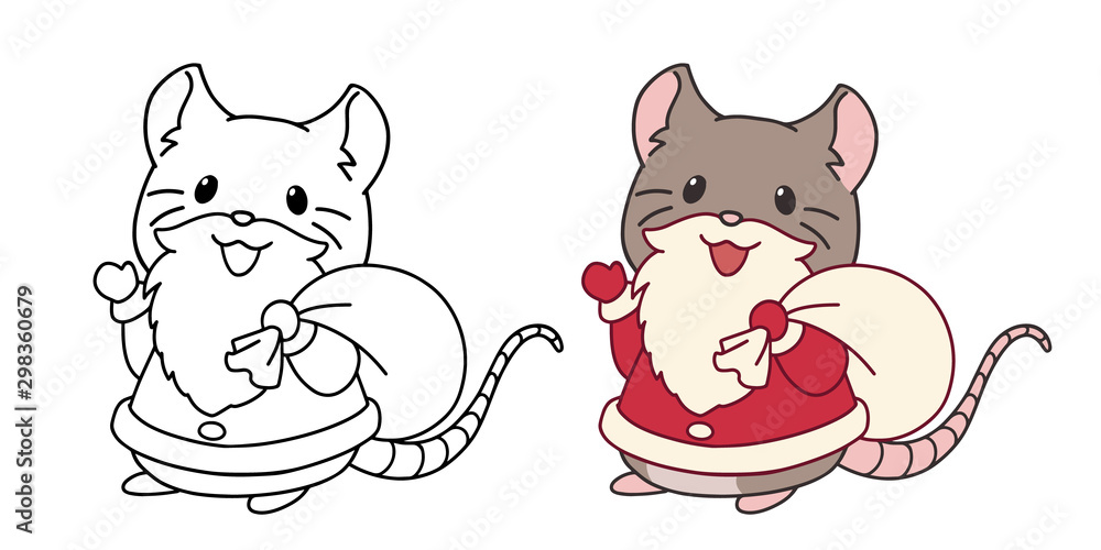 Cute little mouse wearing Santa costume and beard. Contour vector illustration isolated on white background. Can be used for coloring book, greeting cards, sticker, tattoo, shirt, design template.