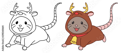 Cute little mouse wearing deer costume. Contour vector illustration isolated on white background. Can be used for coloring book, greeting cards, sticker, tattoo, shirt, design template.