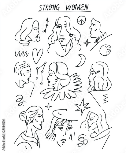 Black and white minimalist vector illustration with girls and text. Simple line portraits with different elements including arrow, heart, peace sign. Strong women related image.