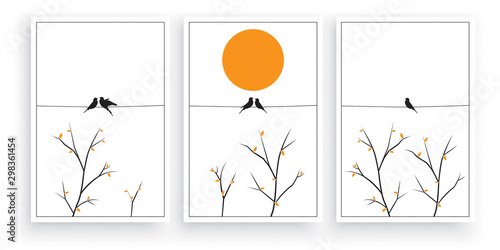 Dekoracja na wymiar  birds-silhouettes-on-wire-on-sunset-sunrise-with-branches-illustration-vector-minimalist-art-work-three-pieces-poster-design-wall-art-work-wall-decals-wall-decoration