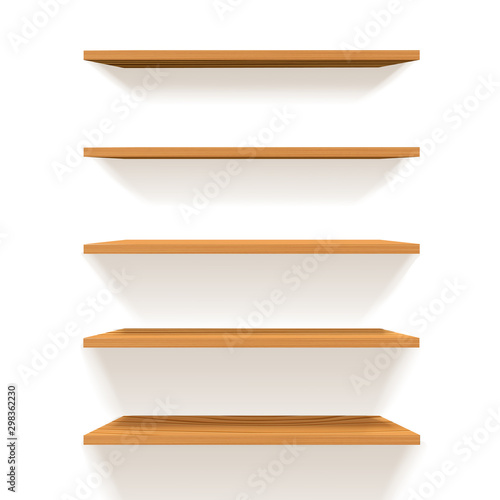 Empty Wooden Bookshelves,shelf.wood texture, perspective, natural wood, realistic, 3d. design background, Vector