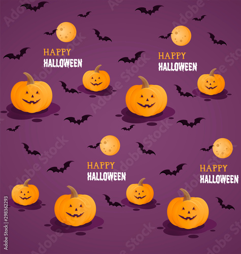 Happy Halloween. Vector illustration set of Halloween. Orange Pumpkin, Moon Night, bat.
