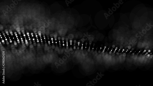 Abstract dark background with movement of luminous particles. Digital technology. 3D rendering.