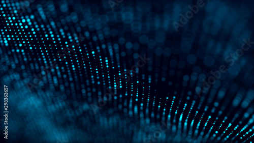 Abstract dark background with movement of luminous particles. Digital technology. 3D rendering.