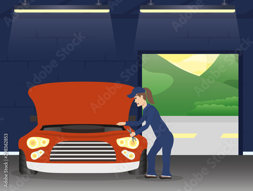 female mechanic working in car character