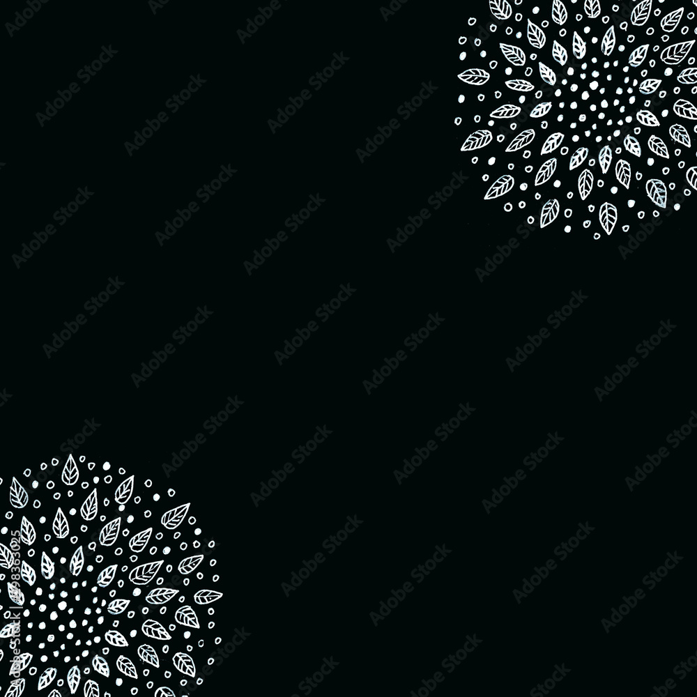 black background ornament of leaves and dots graphic drawing