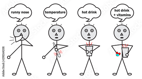 Set of hand drawn little men with different symptoms of the disease, the concept of the common cold and its treatment, seasonal fever and viruses. Vector EPS10