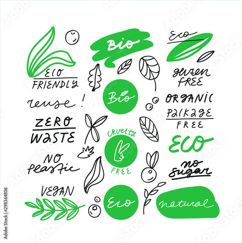 Collection of vector lettering with different nature elements like leaves and berries. Eco friendly lifestyle related image. Bio, eco, natural, zero waste, organic, cruelty free, package free.