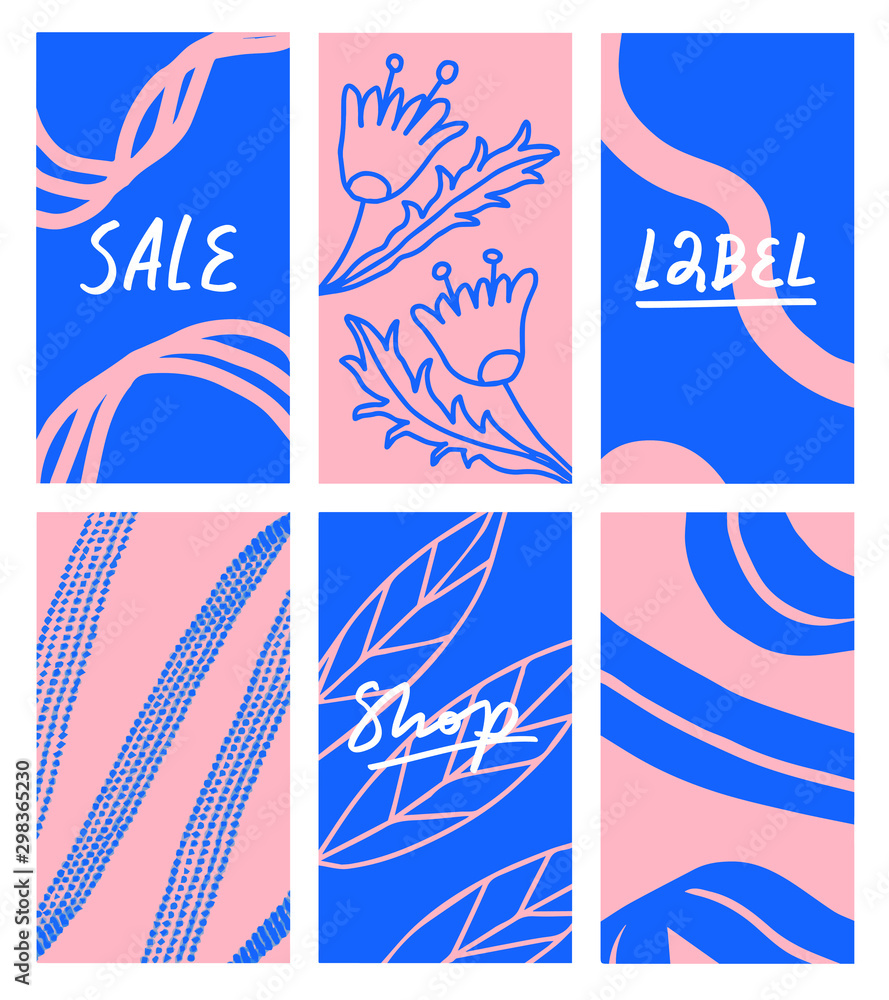 Collection of vector illustrations in pink and blue colors. Simple abstract backgrounds with lines and dots. Flower and plant elements. Perfect for cards, instagram stories, labels.