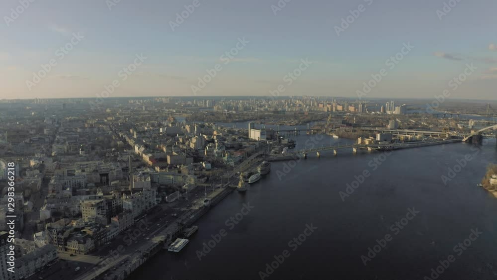 Kiev city Drone flight above Dnieper river sunny spring time Kiev city Drone flight above Dnieper river sunny spring time