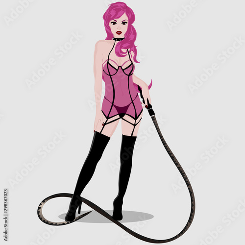 Girl in a transparent shirt holds a whip. Vector art