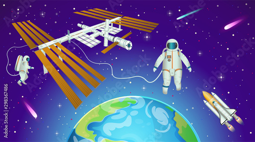 Fototapeta Naklejka Na Ścianę i Meble -  Space background with international space station, planet earth, astronauts and space shuttle in cartoon style.