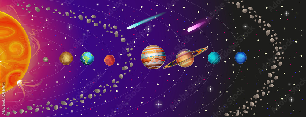 Vector illustration of Solar System with planets, asteroid belt and