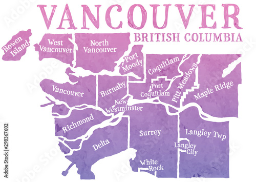 Stylized map of greater Vancouver, Canada, British Columbia. Decorative font for the municipalities. Watercolor texture in a pink to purple gradient. 