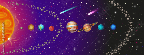 Vector illustration of Solar System with planets, asteroid belt and comets: The Sun, Mercury, Venus, Earth, Mars, Jupiter, Saturn, Uranus, Neptune.