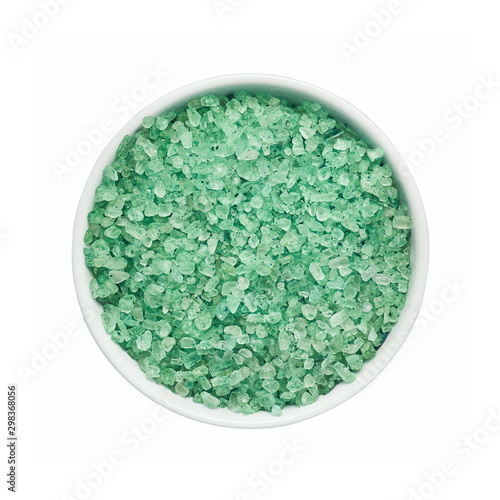 SPA conept. Mint bath salt in bowl, isolated over white background with clipping path. Top view