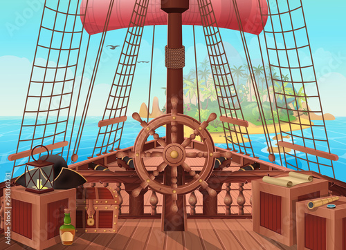 SHIP OF PIRATES with an island on the horizon. Vector illustration of sail boat bridge view. Background for games and mobile applications. Sea battle or traveling concept. photo