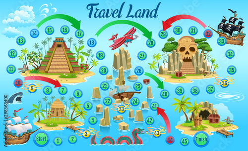 Game board for children. Ship trip for treasure. Vector illustration. Age 3-7 2-4 players Fascinating pirate adventure game for kids.While playing kids are going to quickly learn numbers.  