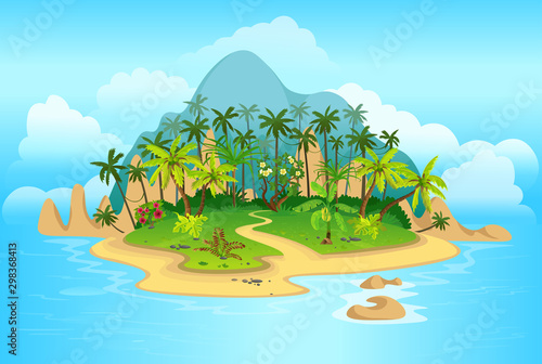 Cartoon tropical island with palm trees. mountains, blue ocean, flowers and vines. Vector illustration photo