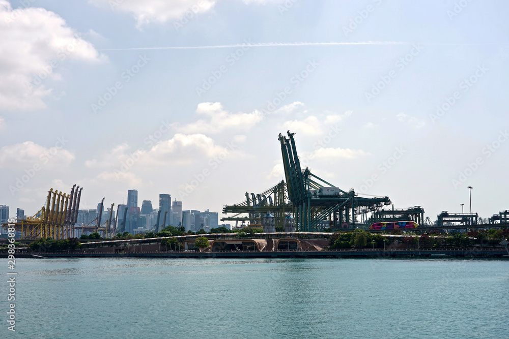 SINGAPORE-Mar 17, 2018: Singapore harbor PSA cargo terminal, View looking from VIVO city