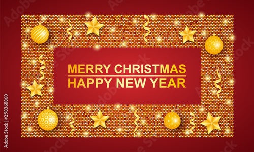 Gold frame with decorations on red background. Merry Christmas and happy New year.