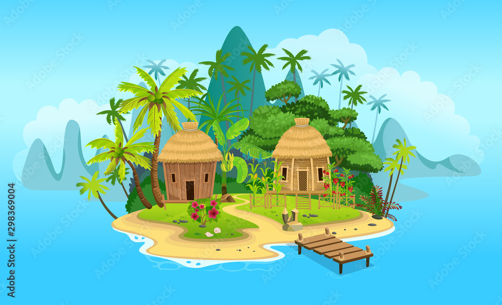 Cartoon tropical island with huts, palm trees. mountains, blue ocean