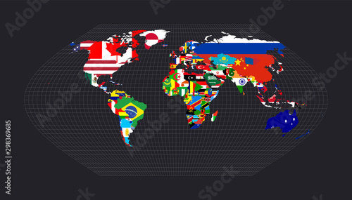 Map of the world with flags. Eckert V projection. Map of the world with meridians on dark background. Vector illustration.