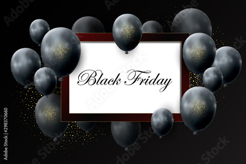 Abstract dark background for sales, black friday. Decorative frame design, balloons, with golden dust