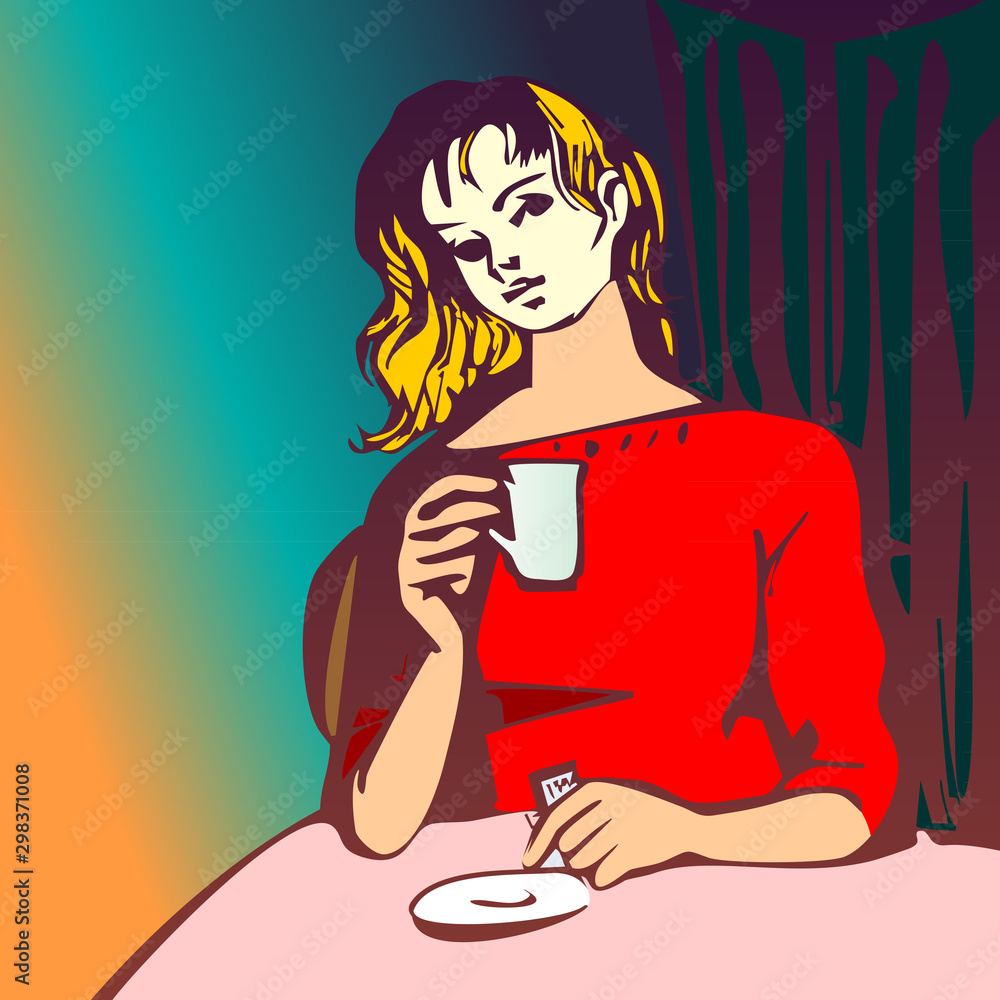 girl in a red dress with a cup of coffee, sketch art girl in a red dress with a cup of coffee, sketch art